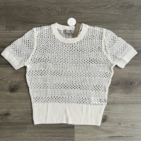 J.CREW Cashmere Pointelle Short Sleeve Top Small Cream Open Knit Coastal Neutral - Picture 1 of 9